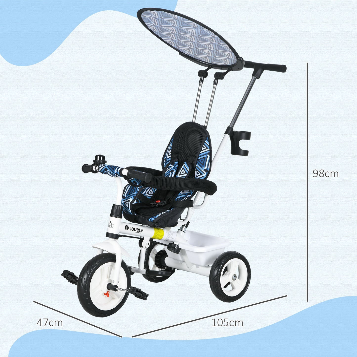 4 in 1 Tricycle for Kids with 5-point harness straps, Removable Canopy, Blue