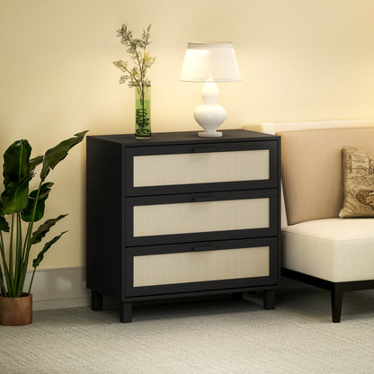 HOMCOM Rattan Bedroom Chest of Drawers, 3 Drawers Storage Unit, Boho Dresser for Living Room, Hallway, Black