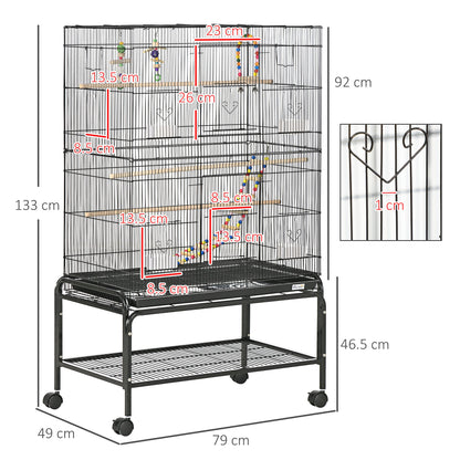 PawHut Large Bird Cage Budgie Cage with Stand, Toys, Wheels, Accessories, Storage Shelf for Canaries, Finches, Lovebirds, Parakeets - Black, 79 x 49 x 133 cm