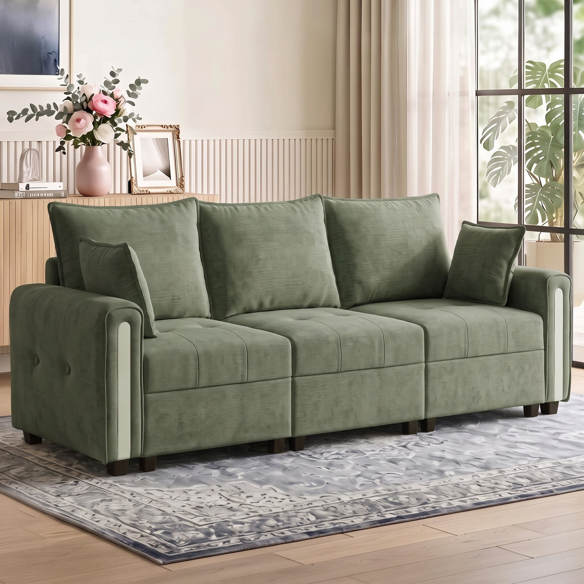 HOMCOM 3 Seater Sofa with Lift-Up Storage, 228cm Comfy Velvet Couch with Wide Deep Seat, Dark Green