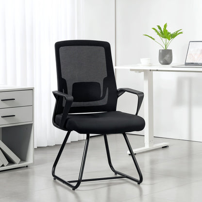 HOMCOM Desk Chair No Wheels, Office Chair with Mesh Back, Lumbar Support, Metal Base for Waiting Room, Conference Room, Black