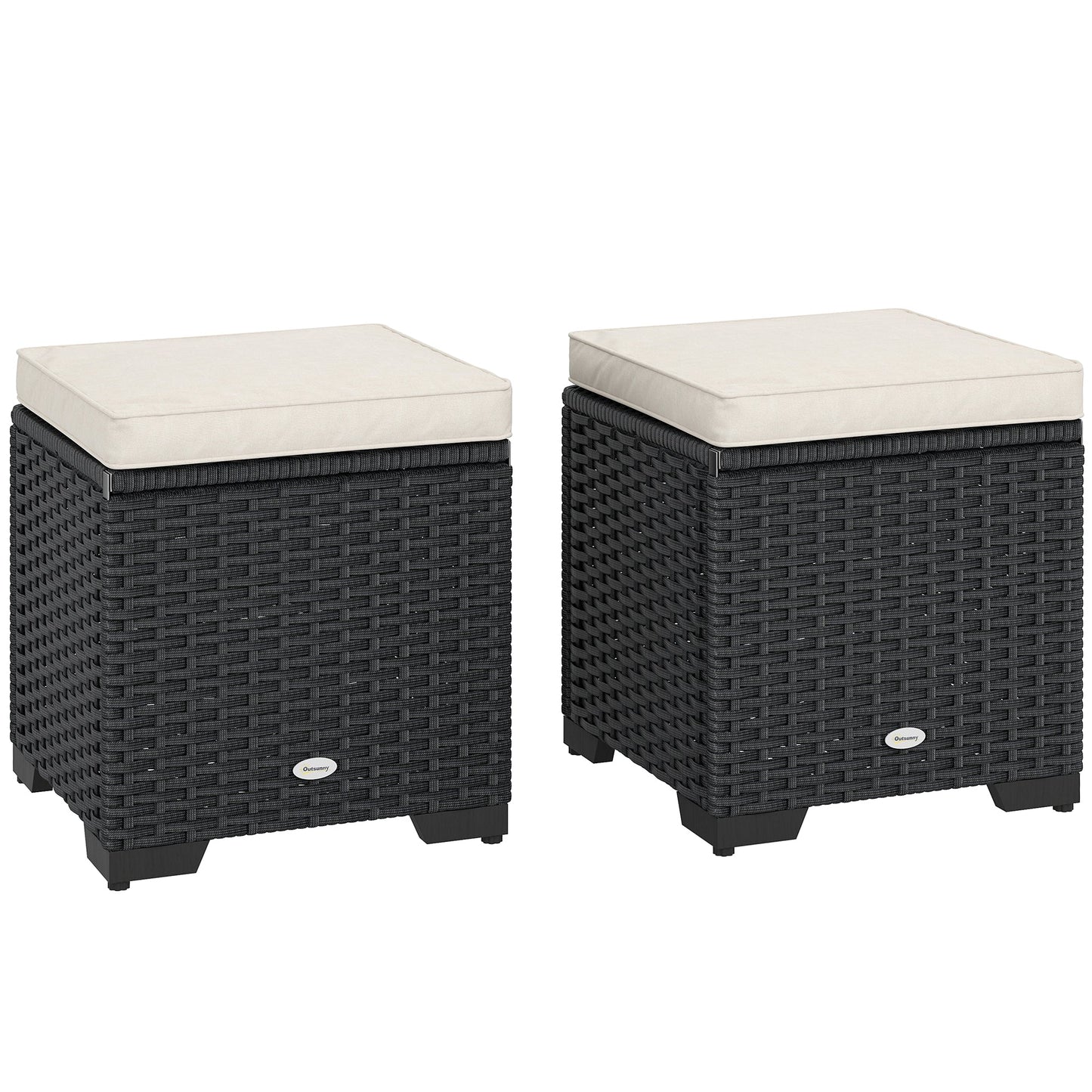 Outsunny Set of 2 Rattan Storage Ottoman, Outdoor Footstool with Removable Cushions, Garden Storage Seat for Balcony, Porch, Living Room, Cream