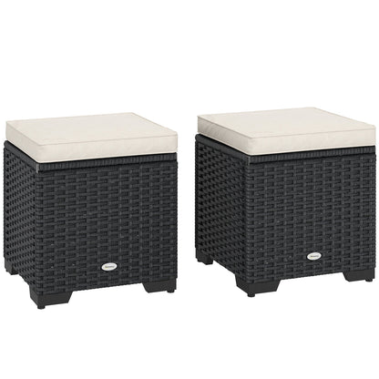Outsunny Set of 2 Rattan Storage Ottoman, Outdoor Footstool with Removable Cushions, Garden Storage Seat for Balcony, Porch, Living Room, Cream
