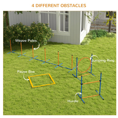 PawHut Dog Agility Training Equipment with Weave Poles, Jump Ring, Pause Box, Adjustable Hurdle, Carry Bag, Orange