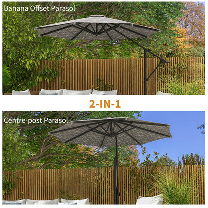 Outsunny 3(m) Convertible Cantilever Parasol and Centre-post Garden Parasol with Cross Base, 360  Rotation Banana Parasol with Crank Handle and 8 Ribs, Hanging Patio Umbrella, Black and White