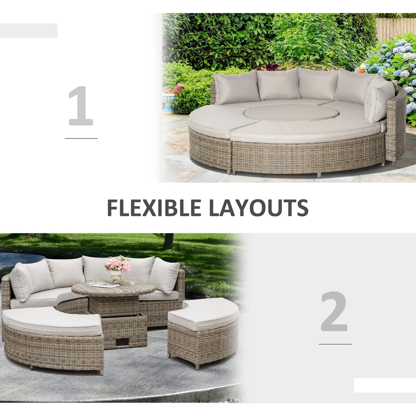 Outsunny 5 Pieces Outdoor PE Rattan Round Garden Daybed with Cushions, Aluminium Patio Furniture Set Lounge Chair Conversation Sofa Set with Liftable Coffee Table and Protect Cover, Grey