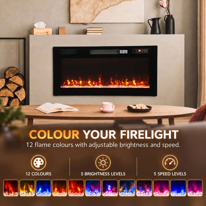HOMCOM Ultra-Thin Electric Fire Wall Mounted/Recessed/Freestanding 92cm/36" Electric Fireplace with 12 Colours, 5 Brightness