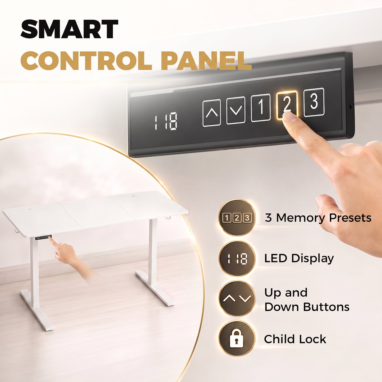 HOMCOM Standing Desk Memory Control Height Adjustable Desk 2 Cable Holes LED Display Sit Stand Desk White