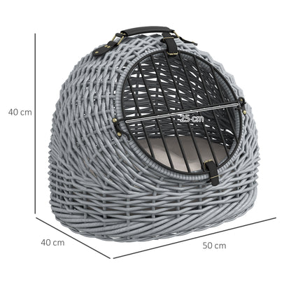 PawHut Wicker Pet Carrier Basket Cat Kitten Bed Portable Travel Cage w/ Soft Cushion Handle Grey 50 x 40 x 40 cm