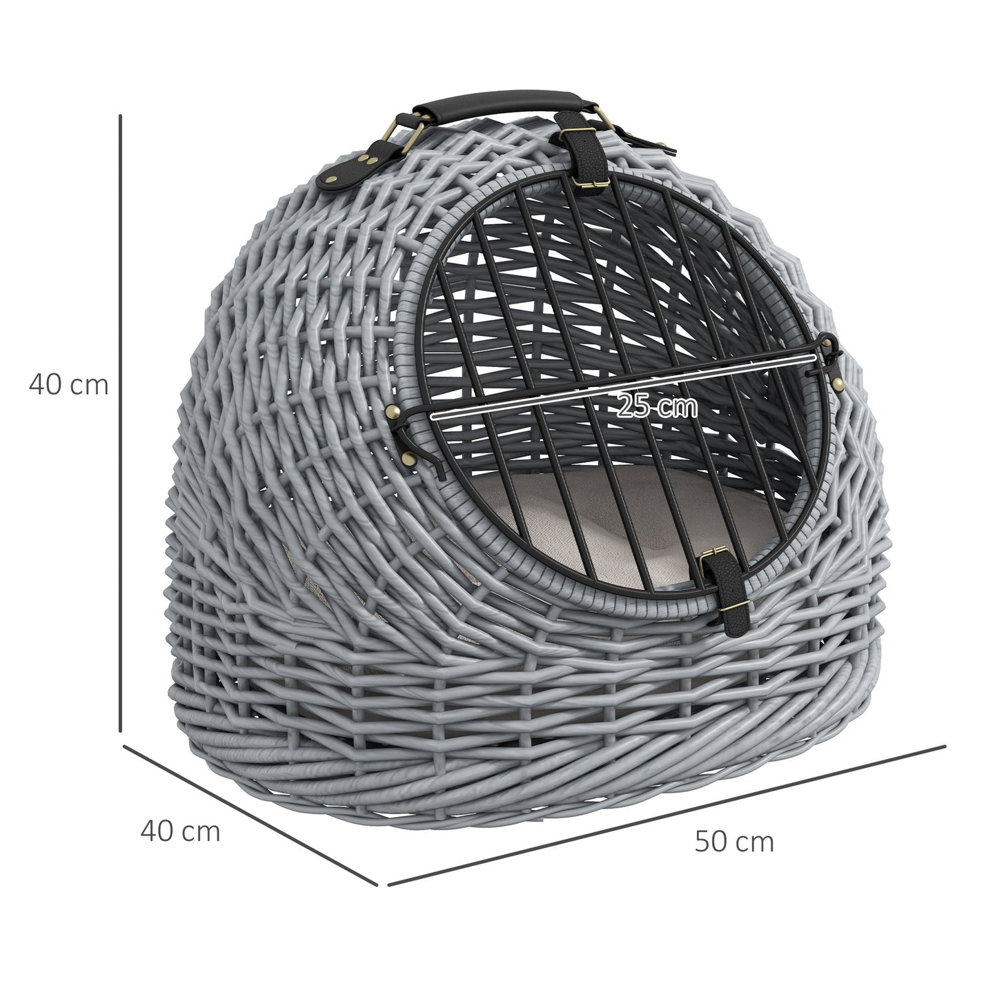 PawHut Wicker Pet Carrier Basket Cat Kitten Bed Portable Travel Cage w/ Soft Cushion Handle Grey 50 x 40 x 40 cm