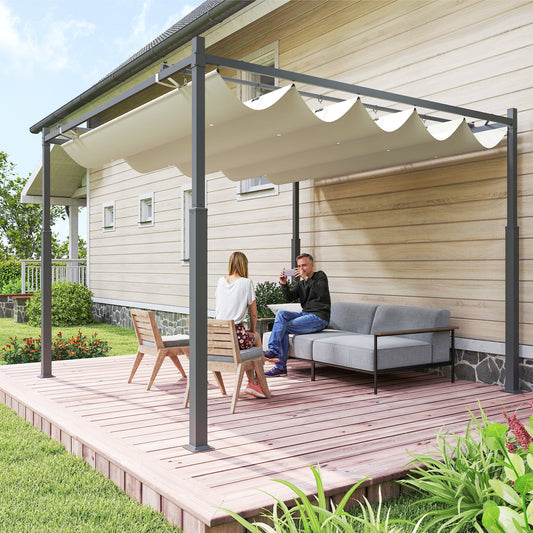 Outsunny 3 x 3(m) Metalowa pergola z rozsuwanym dachem i magnetycznym mocowaniem, zestaw ogrodowych altan ogrodowych z baldachimem przeciwsłonecznym, UPF30+, kolumna metalowa 80 mm, kremowo-biały