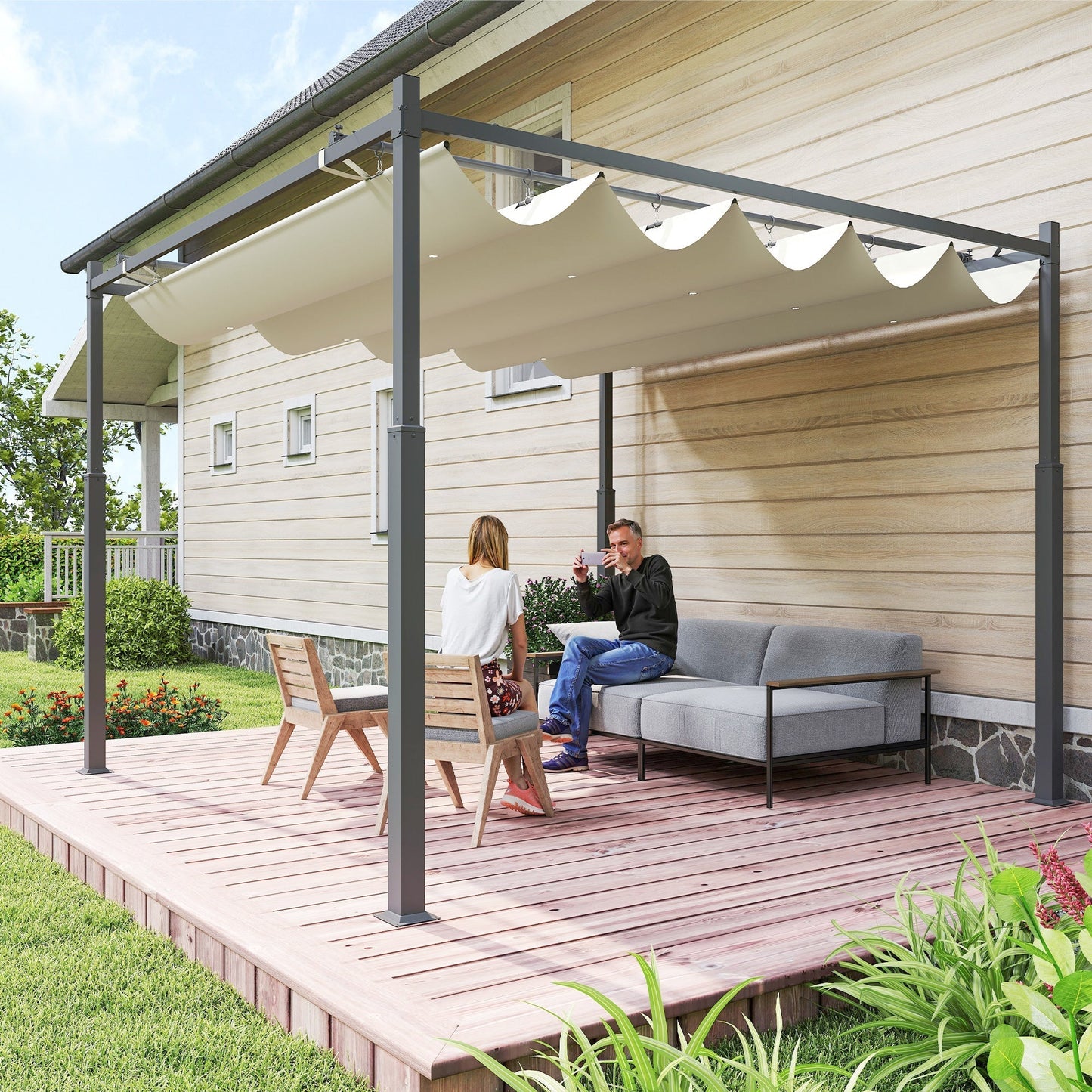 Outsunny 3 x 3(m) Metal Pergola with Retractable Roof and Magnetic Fixture, Outdoor Gazebo Garden Pergola Kit Sun Shade Canopy, UPF30+, 80mm Metal Column, Cream White