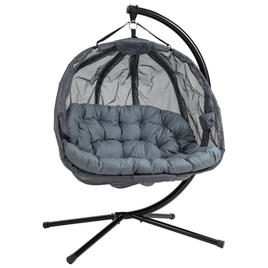 Outsunny 2-Seater Hanging Egg Chair with Stand, Cushion and Folding Design - Grey