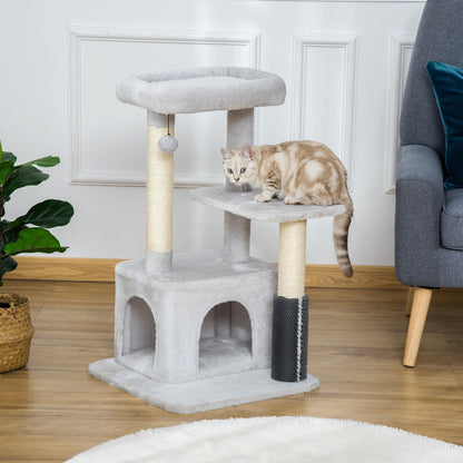 PawHut Cat Tree Tower تسلق مركز الأنشطة أثاث القطط مع لعبة تدليك السيزال بعد الخدش، سرير معلق على شكل كرة، جثم 48 × 48 × 80 سم، رمادي فاتح مع/