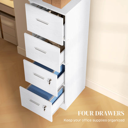 HOMCOM Four-Drawer Lockable Filing Cabinet - White Wood Effect