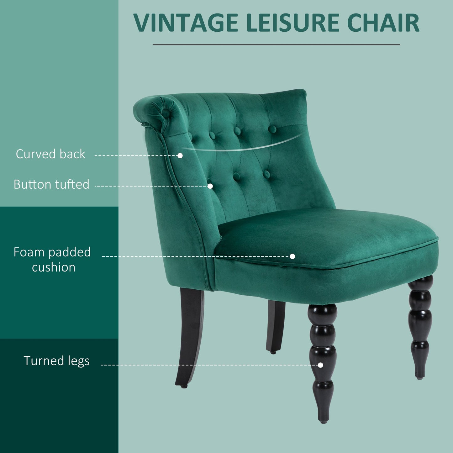 Retro Style Velvet Accent Chair, Button Tufted Wingback Chair with Rubber Wood Legs for Living Room, Bedroom, Dark Green