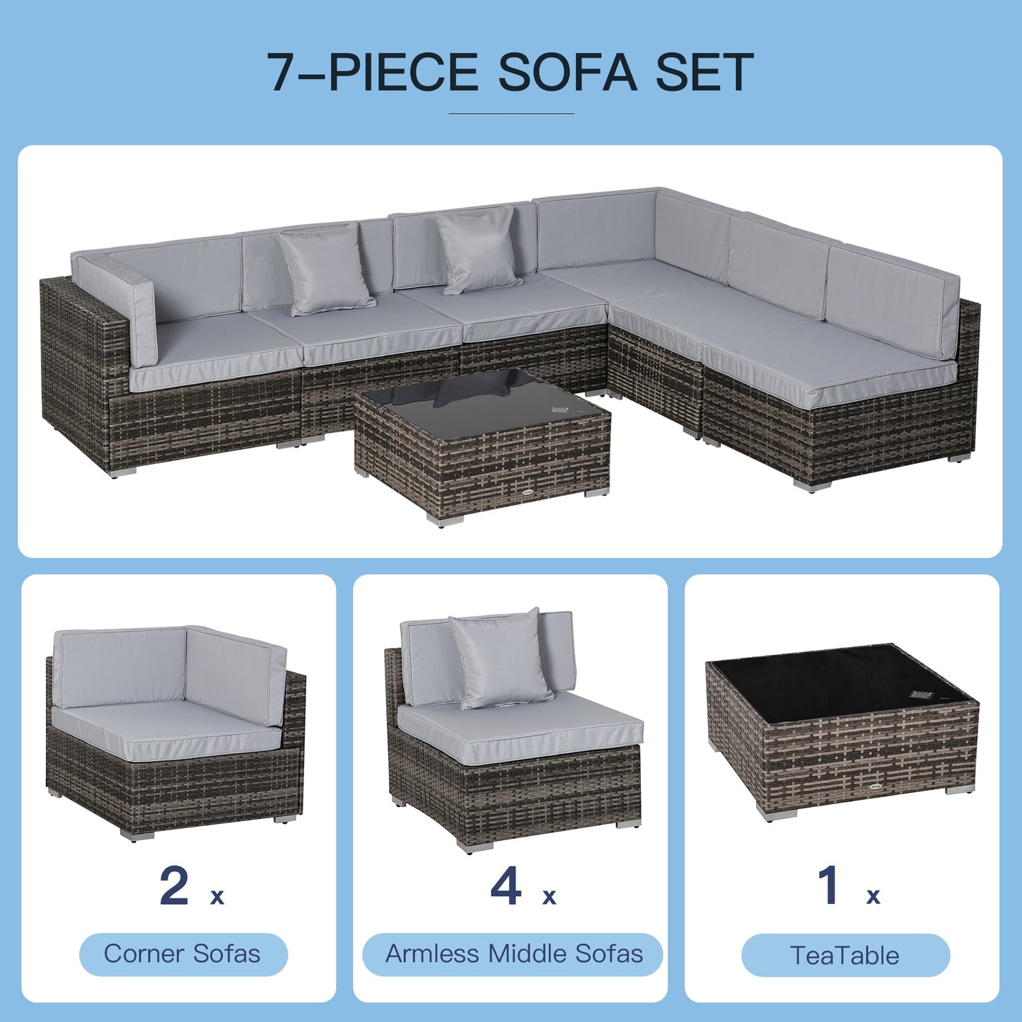 Outsunny 6-Seater Rattan Furniture Set Patio Sectional Sofa Cushion Seat Wicker Garden