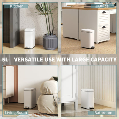 HOMCOM 5L Rectangular Compact Bin Steel Body Removable Bucket Quiet-Close Lid w/ Pedal Lid Rubbish Trash Can Home Office Bedroom Bathroom Living Room Garbage Tidy Clean White