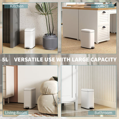 HOMCOM 5L Rectangular Compact Bin Steel Body Removable Bucket Quiet-Close Lid w/ Pedal Lid Rubbish Trash Can Home Office Bedroom Bathroom Living Room Garbage Tidy Clean White