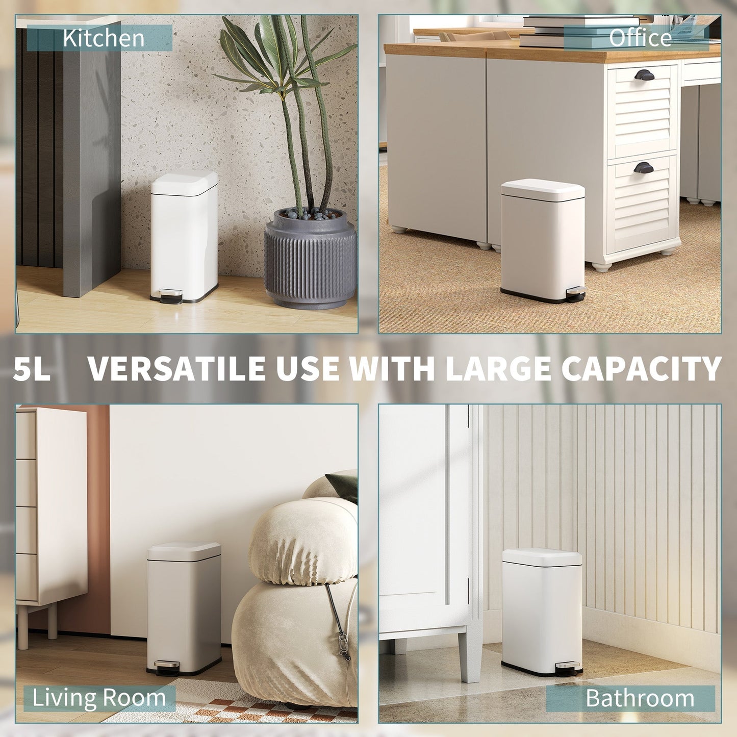 HOMCOM 5L Rectangular Compact Bin Steel Body Removable Bucket Quiet-Close Lid w/ Pedal Lid Rubbish Trash Can Home Office Bedroom Bathroom Living Room Garbage Tidy Clean White