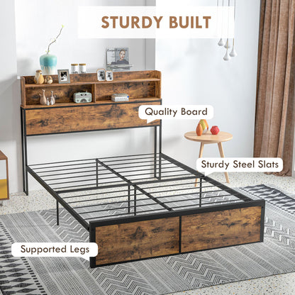 Retro Style Industrial Double Bed Frame, 4.8FT Steel Bed Base w/ Storage Headboard, Footboard, Under Bed Storage, 145 x 209cm, Rustic Brown