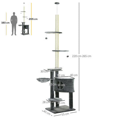 PawHut Floor to Ceiling Cat Tree for Indoor Cats Play Tower Climbing Activity Center Scratching Post Platforms Condo Adjustable Height 220-265cm Dark Grey