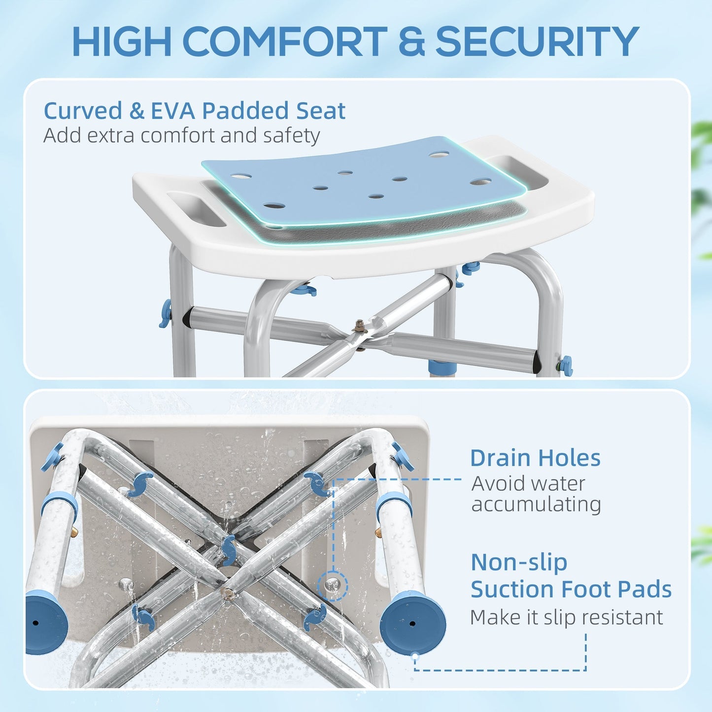 HOMCOM 44-51.5cm Aluminium Frame Shower/Bath Stool - Light Blue