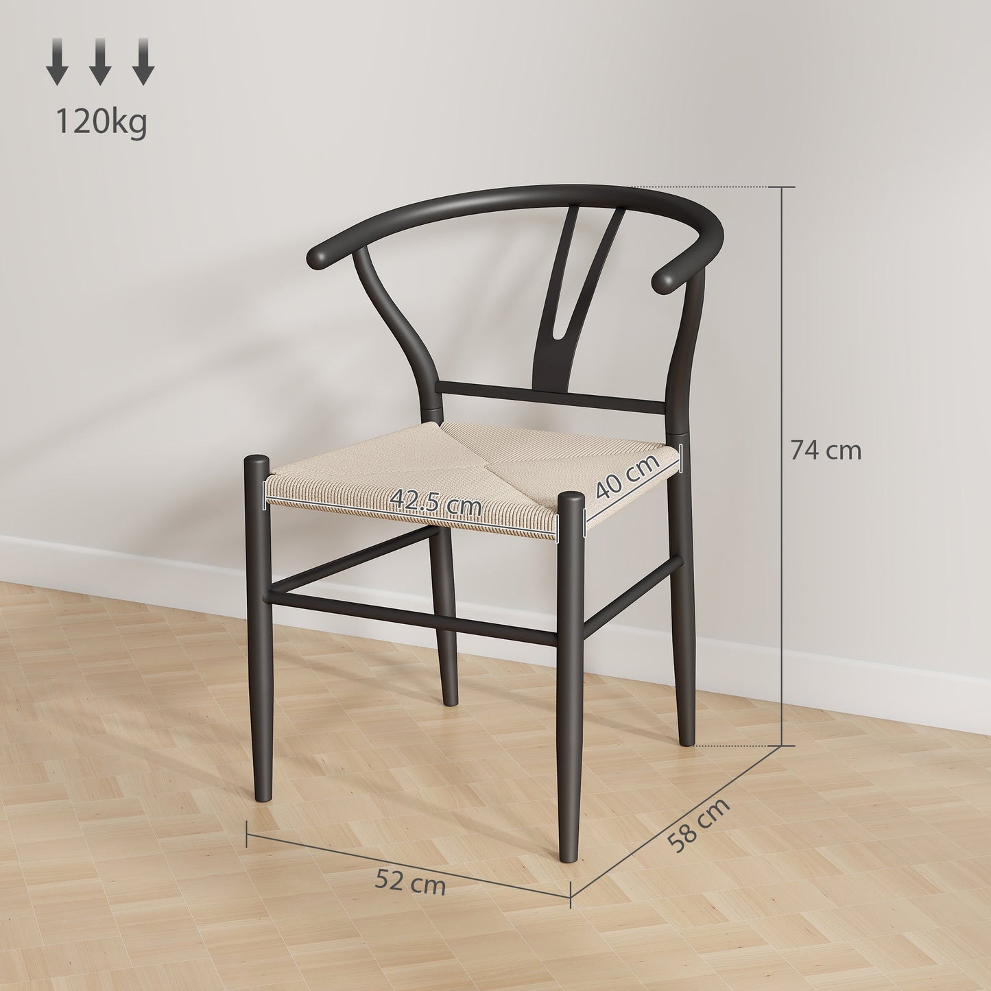 HOMCOM Set of Two Weave Dining Chairs with Y-Shaped Backrest Hemp Seat - Black/Beige