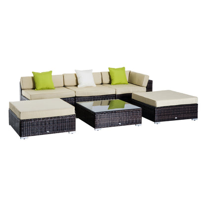 Outsunny 6 PC Rattan Sofa Coffee Table Set Sectional Wicker Weave Furniture for Garden Outdoor Conservatory w/ Pillow Cushion Brown