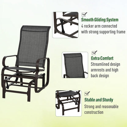 Outsunny 3 Pieces Garden Gliding Chair Set, Metal Frame 2 Single Armchair Swing Seater and 1 Glass Top Coffee Table w/ Breath Mesh Fabric Seat, Brown