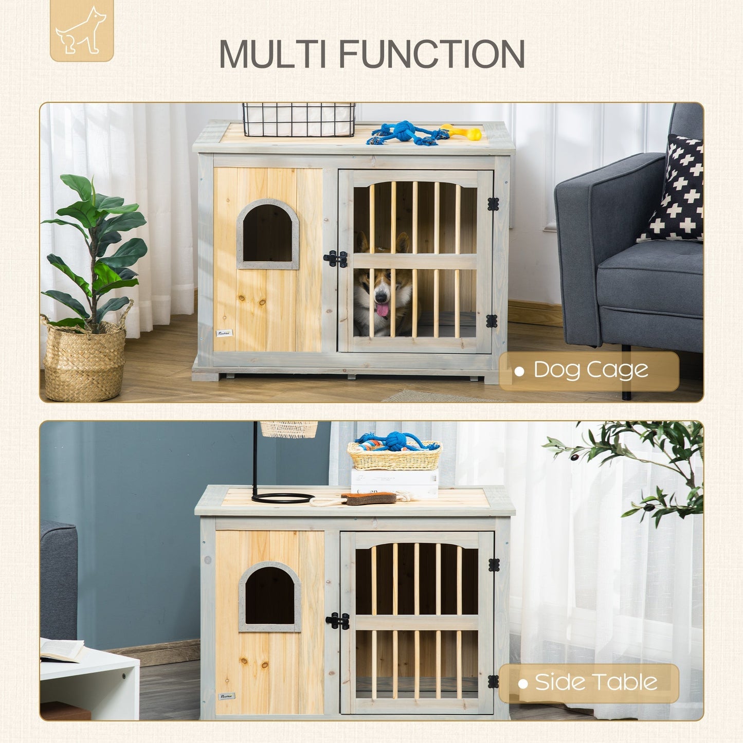 PawHut Wooden Dog Crate, End Table w/ Lockable Door and Window for Small and Medium Dog, Grey and Yellow, 95 x 65.5 x 70.5cm