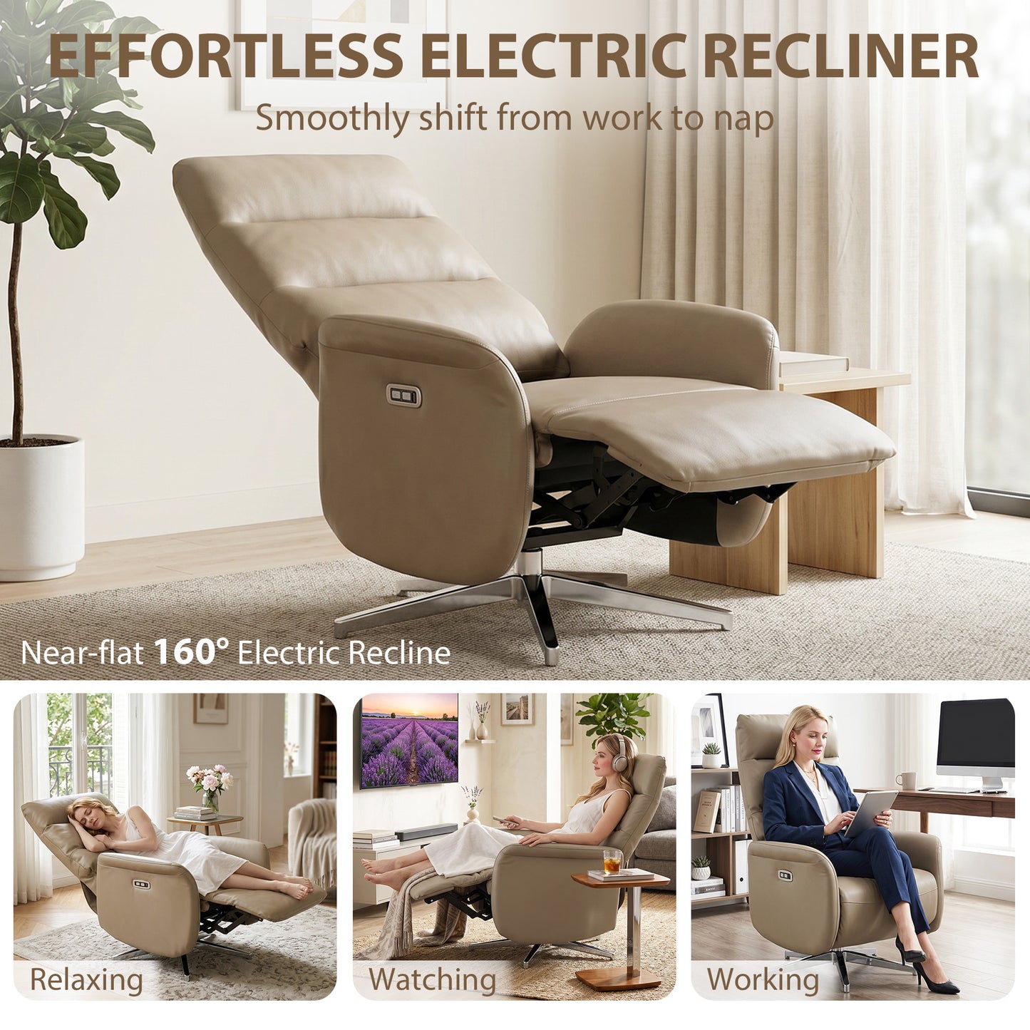 HOMCOM Power Recliner Chair, Swivel Electric Reclining Chair with Type C+USB, Recliner Armchair with Footrest, Brown