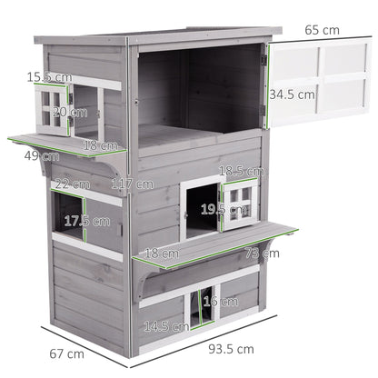 PawHut Three-Tier wooden Kitten Shelter, Outdoor Cat House, with Jumping Platforms, Asphalt Roof, Doors - Grey