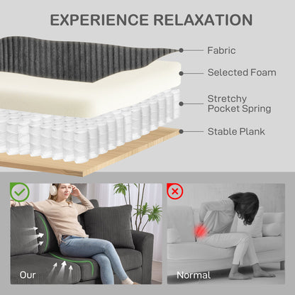 HOMCOM Nowoczesna sofa 3-osobowa z poduszką sprężynową, 212 cm, materiałowa, Jumbo Cord Sofa z 2 poduszkami dekoracyjnymi, tapicerowana sofa z kordu do salonu, sypialni, gabinetu, w kolorze szarym