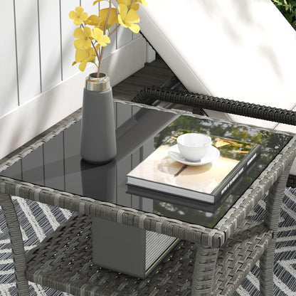 Outsunny 50cm Outdoor PE Rattan Coffee Table, Patio Wicker Two-tier Side Table with Glass Top, for Patio, Garden, Balcony, Grey