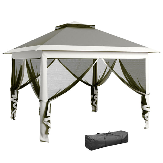 خيمة Outsunny Pop Up Canopy مع سقف مزدوج، جدران جانبية شبكية بسحاب، حقيبة حمل، ارتفاع قابل للتعديل لحديقة الفناء، رمادي داكن