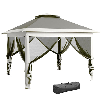 خيمة Outsunny Pop Up Canopy مع سقف مزدوج، جدران جانبية شبكية بسحاب، حقيبة حمل، ارتفاع قابل للتعديل لحديقة الفناء، رمادي داكن