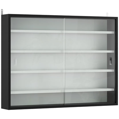 HOMCOM 5-Tier Wall Display Cabinet,  Wall Mounted Display Case w/ 4 Adjustable Shelves, Glass Doors, 60x80cm, Black and White