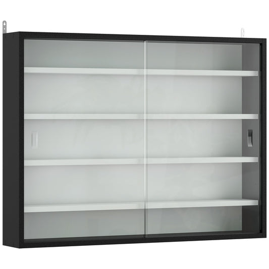 HOMCOM 5-Tier Wall Display Cabinet,  Wall Mounted Display Case w/ 4 Adjustable Shelves, Glass Doors, 60x80cm, Black and White