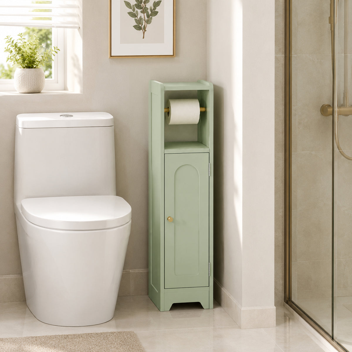 HOMCOM Small Bathroom Storage Cabinet with Toilet Roll Holder - Light Green