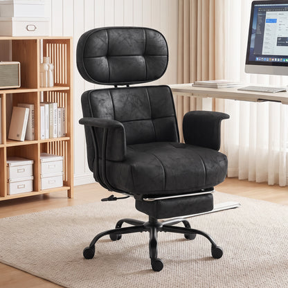 HOMCOM Office Chair, Big and Tall Desk Chair with Footrest, Wide Seat, Leathaire, Reclining Back, Swivel Wheels, Black
