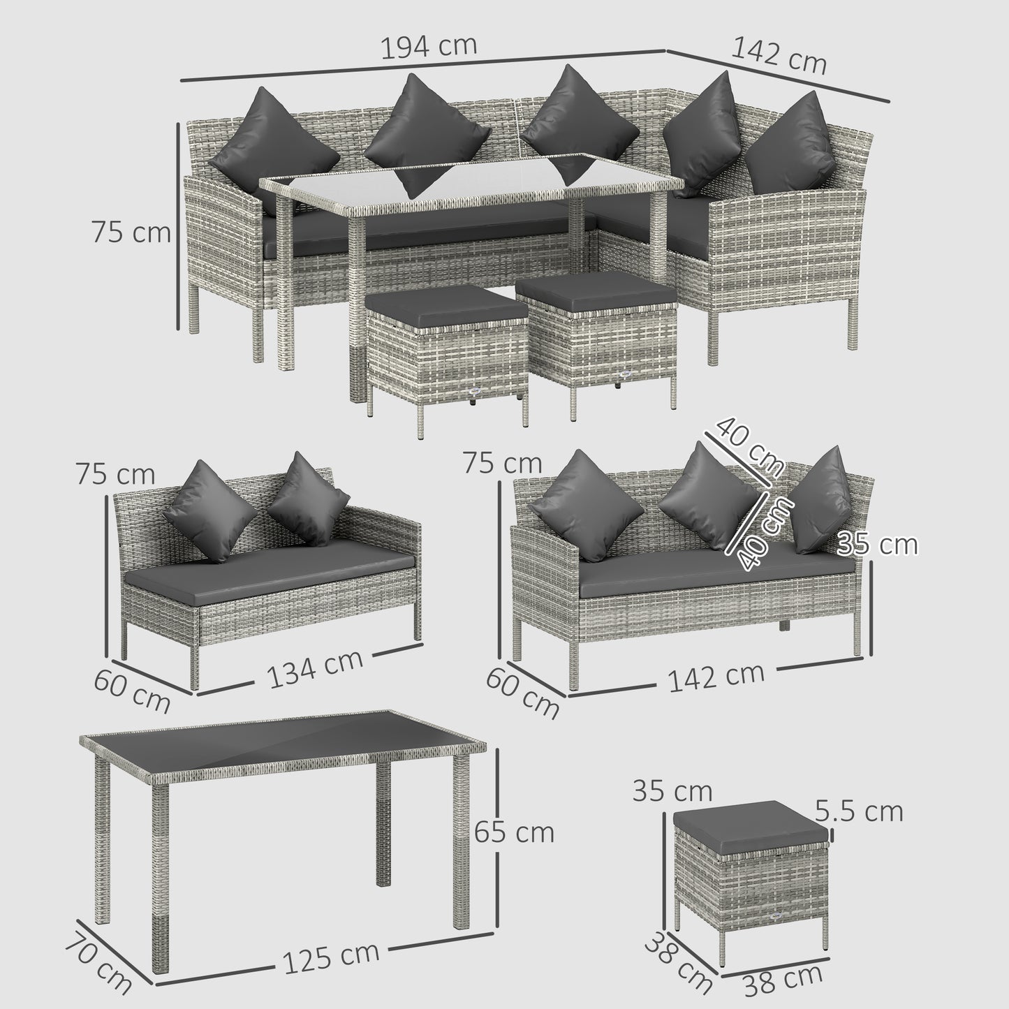 Outsunny tsunny 6-osobowy zestaw jadalny z rattanu, sofa, stół, podnóżek, meble ogrodowe, ciemnoszary