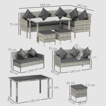 Outsunny tsunny 6-osobowy zestaw jadalny z rattanu, sofa, stół, podnóżek, meble ogrodowe, ciemnoszary