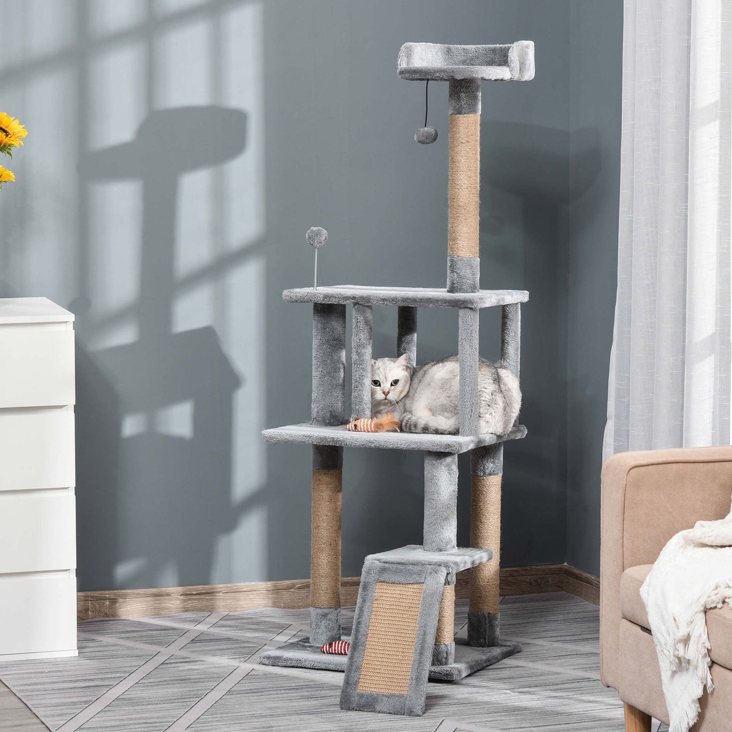 PawHut Cat Tree Tower for Indoor Cats 142cm Climbing Kitten Activity Center with Jute Scratching Post Board Perch Roomy Condo Removable Felt Hanging Toy, Grey