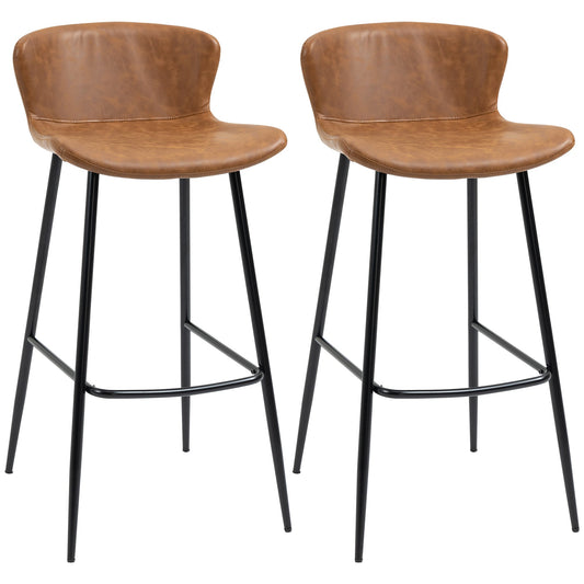 HOMCOM Bar Stools Set of 2, PU Leather Upholstered Bar Chairs, Breakfast Kitchen Counter Chairs with Backs, Steel Legs and Footrests for Dining Room, Brown