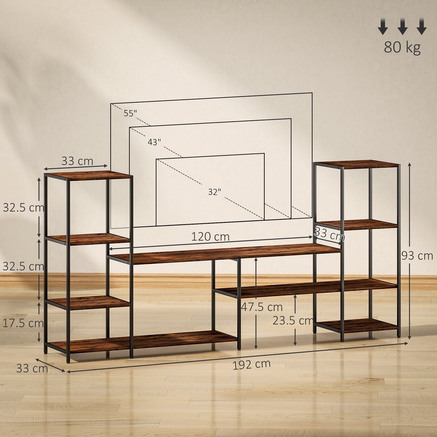 HOMCOM TV Unit for TVs up to 55 Inches, Industrial TV Stand with Storage Shelves, Entertainment Centre for Living Room, Bedroom