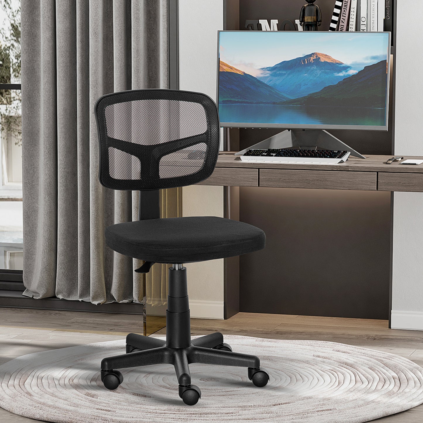 Krzesło biurowe Vinsetto Small Office Chair bez podłokietników, ergonomiczne obrotowe krzesło biurowe z siatki z zakrzywionym oparciem i kółkami, regulowana wysokość, do toaletki domowej, komputera, gabinetu, sypialni, udźwig do 120 kg