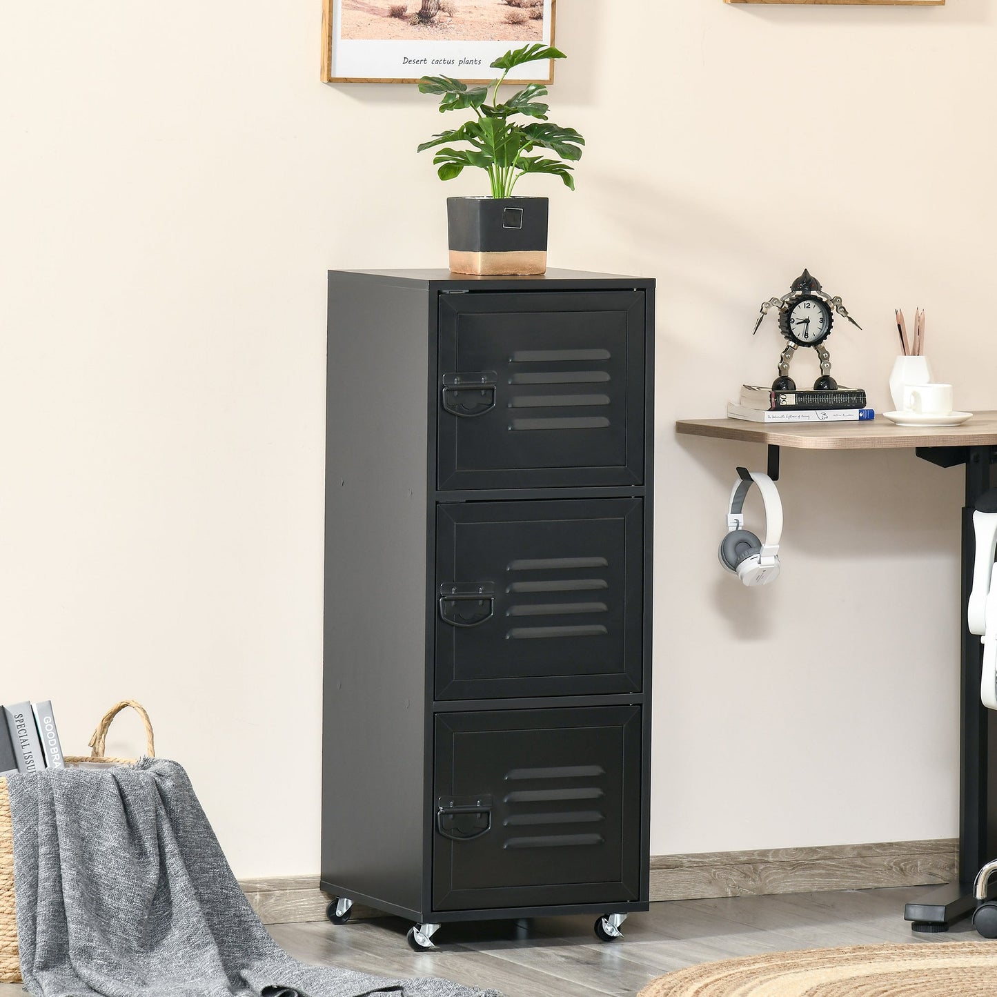 Rolling Storage Cabinet 3-Tier Mobile File Cabinet with Wheels & Metal Doors for Home Office, Living Room, Black