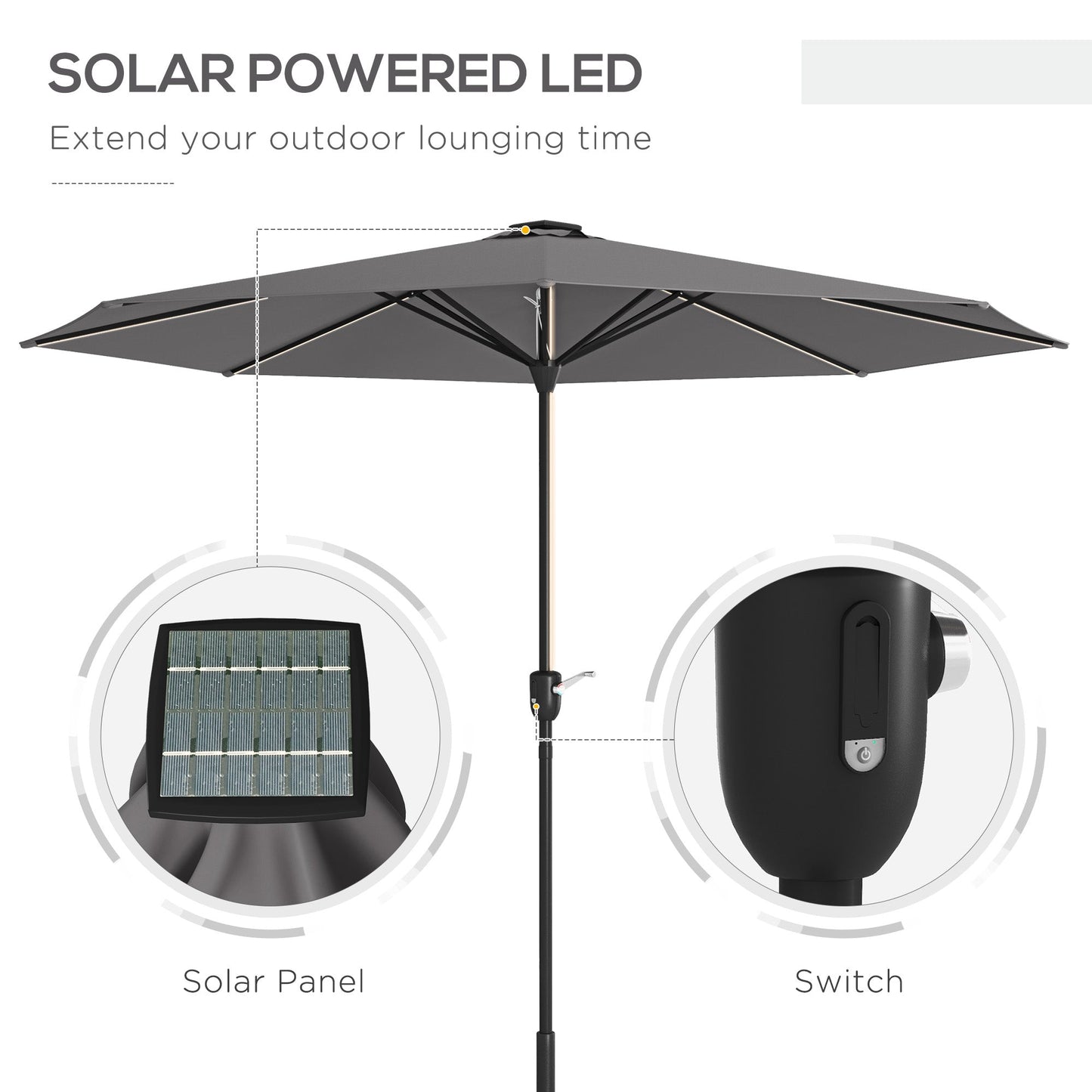 مظلة حديقة من Outsunny مع أضواء LED، مظلة فناء مشحونة بالطاقة الشمسية مع مقبض كرنك، للاستخدام الخارجي، رمادي فحمي