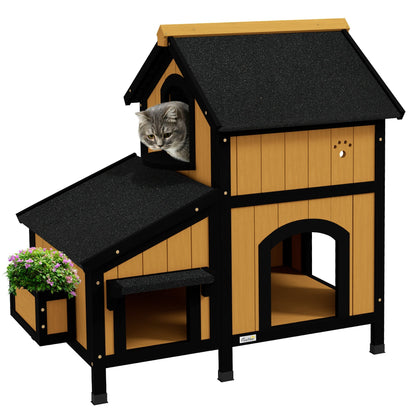 PawHut Wooden Cat House with Flower Pot, Windows, Multiple Entrances, Water-Resistant Roof for Outdoor - Yellow